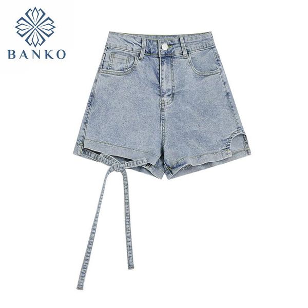 

women's shorts irregular denim short for women high waist wide leg 2021 summer streetwear korean style bandage design female, White;black