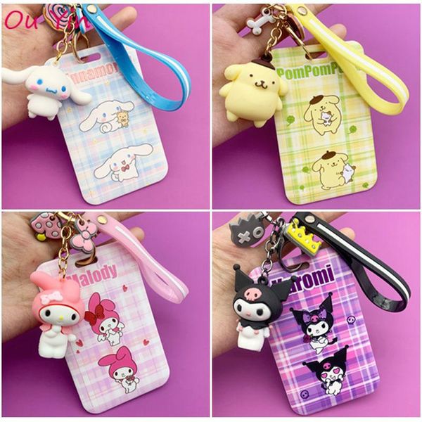 

card holders japan cute cartoon badge holder student bus subway ic access game protective cover key chain set, Brown;gray