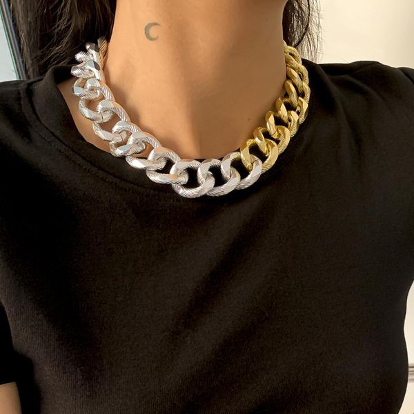 

chokers 2021 women's punk single layer thick chain tassel necklace hip-hop style stitching pattern aluminum accessories, Golden;silver