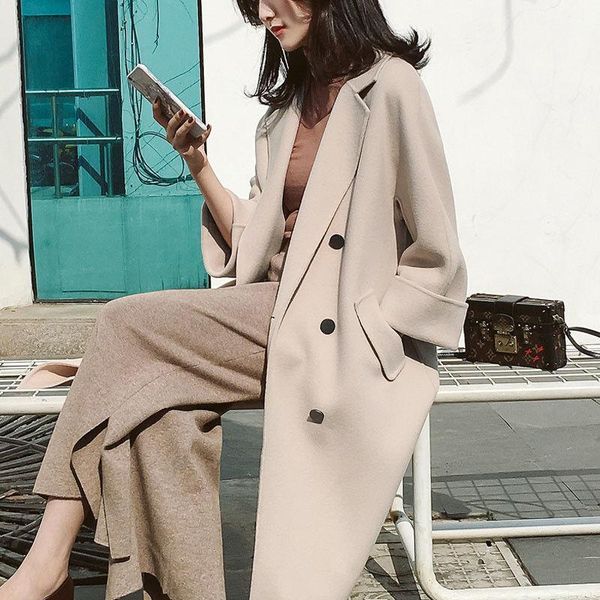 

women's wool & blends 2021 autumn winter women elegant solid woolen coats lady korean chic turn down collar warm jacket female long out, Black