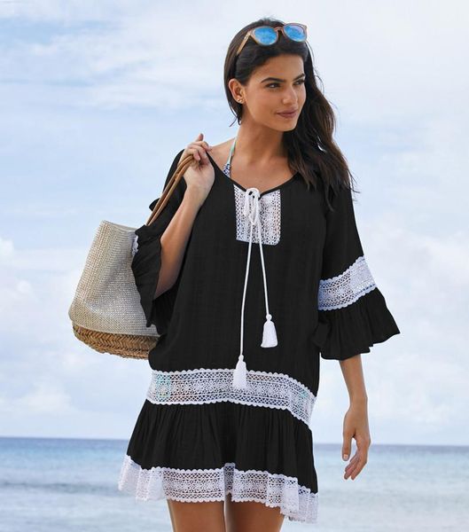 

casual dresses 2021 fashion flare sleeve summer beach dress women tassel crochet bathing suit cover ups pareo de plage short beachwear, Black;gray