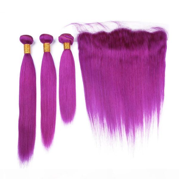 

malaysian human hair purple color straight weave bundles 3pcs with frontal purple virgin hair wefts with 13x4 lace frontal closure, Black;brown