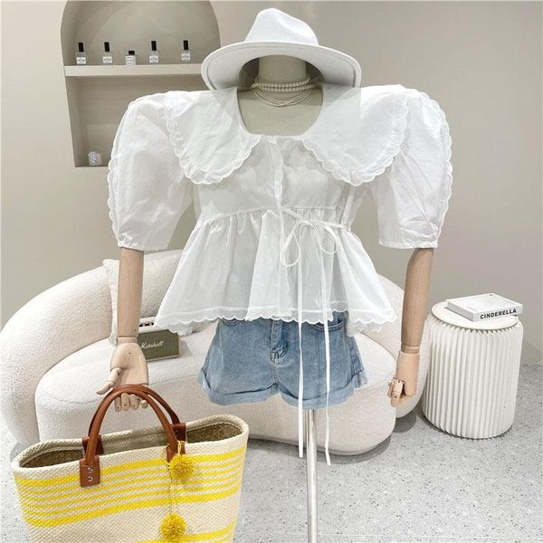 

women's blouses & shirts clothing 2021 summer puff sleeve lace up slim ruffle lapel loose doll shirt, White