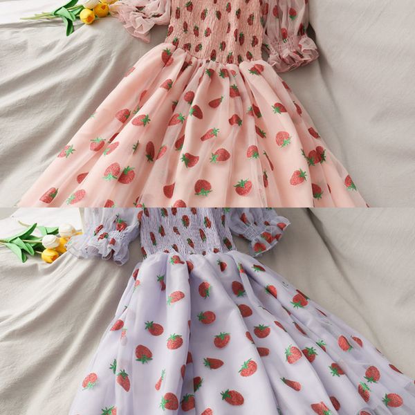 

strawberry dress women french style lace chiffon sweet dress casual puff sleeve elegant printed kawaii dress women 2020 new c0304, Black;gray