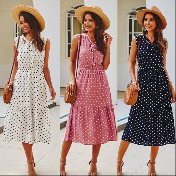 

summer bandage dress women polka dot chiffon white elegant sleeveless beach casual bow collar plus size midi a line tank vestido, Black;gray