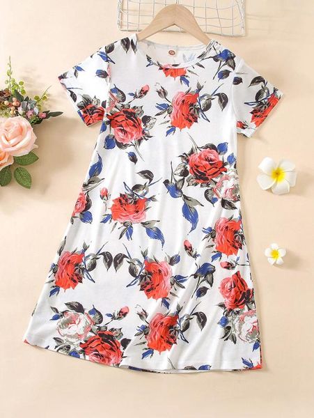 

girls floral print tee dress she01, Red;yellow