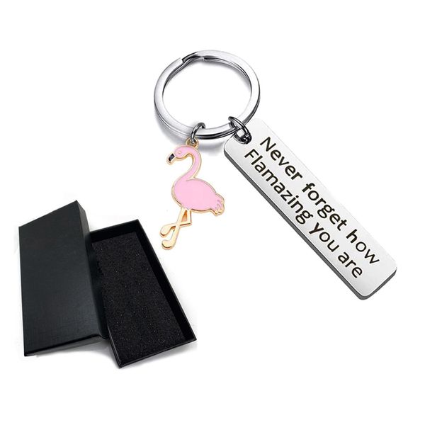 Motivierende Flamingo-Schlüsselanhänger, Kettenschmuck, vergessen Sie nie, wie flammend Sie sind, Tier-Schlüsselanhänger aus Edelstahl, Anhänger, Taschenanhänger, modisches Schlüsselanhänger-Zubehör