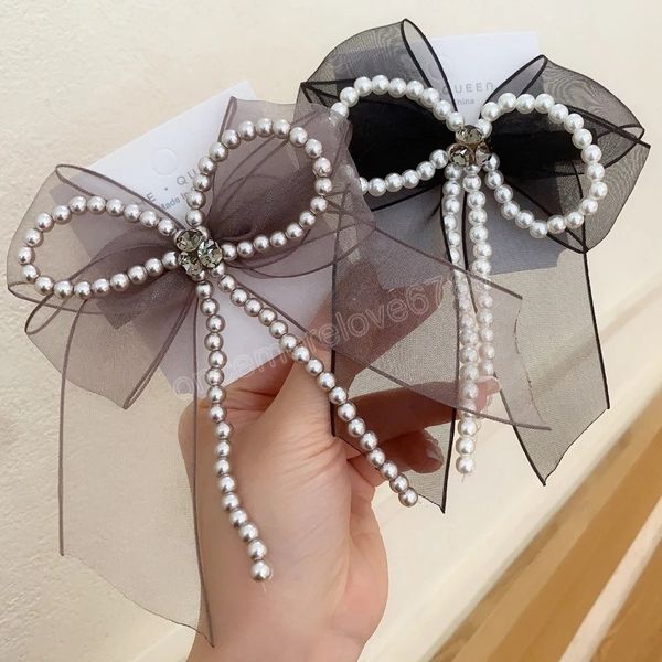 

fashion elegant pearls chain bow hairpins women girls sweet hair ornament headband hair clip rhinestone barrettes hair accessory, Golden;silver
