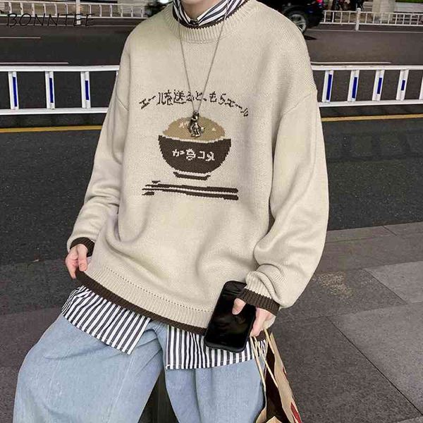 

men pullovers cartoon knitted o-neck japan style harajuku sweaters winter vintage streetwear high street hip-hop oversize bf new, Black