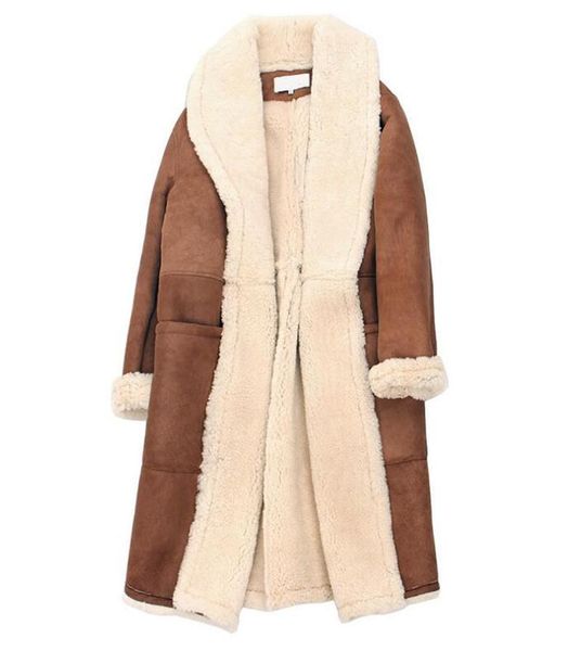 

women's fur & faux winter fashion women ladies sheep skin suede leather 100% wool long coat outdoor warm parka trench overcoat, Black