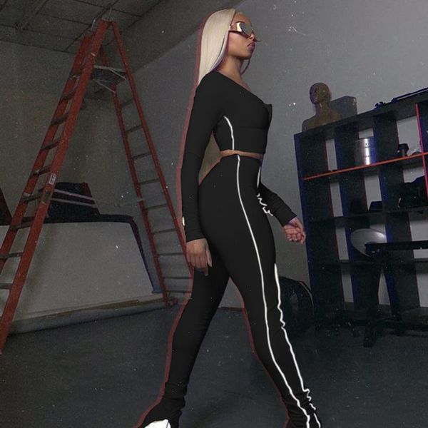 

reflective stripes fitness tracksuit set women two pices female set full sleeve zip crop high waist pants mujer, Gray