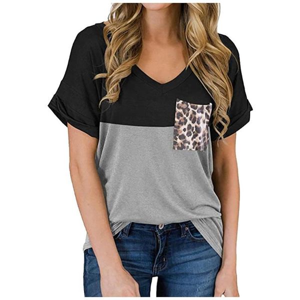 

women's t-shirt 2021 leopard print fashion women casual v-neck pocket ruffled loose female patchwork ladies t shirt tees summer clothin, White