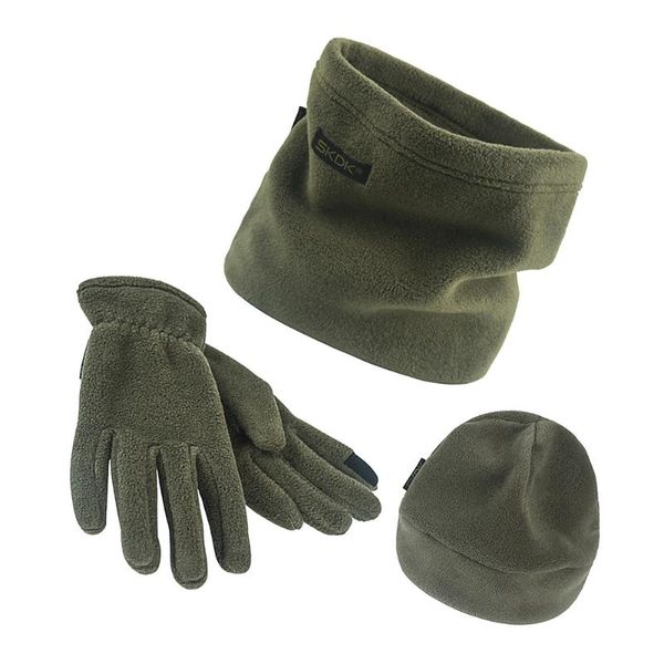 

3pcs thickened fleece hat men autumn winter warm scarf beanie cap gloves set camping portable outdoor elements, Black