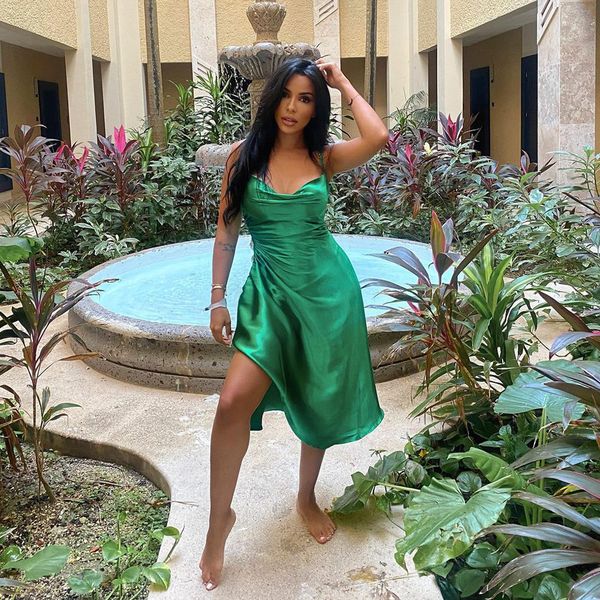 

new women side bandage a-line party spaghetti strap deep v neck solid elegant casual prom 2021 spring fashion v8h7, Black;gray