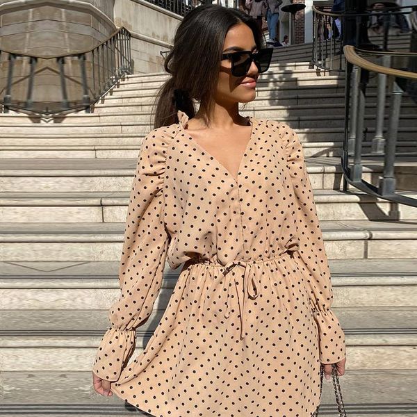 

women new fashion polka dot chiffon mini dress v neck long sleeve stitching waist lace dress, Black;gray
