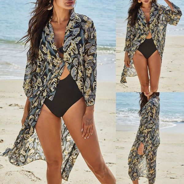 

boho print chiffon tunic bathing suit cover-ups plus size beach wear kimono dress women summer swimsuit cover up women's swimwear, White;black