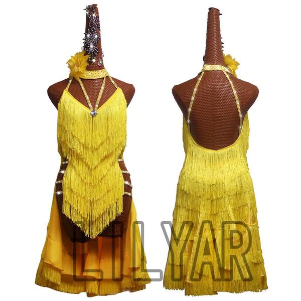 

stage wear professional latin dance competition performance costume yellow tassel high split dress, Black;red