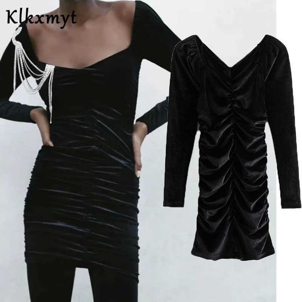 

klkxmyt za dress women chic fashion velvet pleated mini vintage long sleeve slim female es vestidos mujer 210527, Black;gray