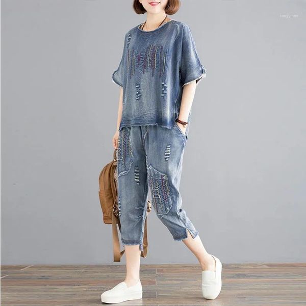

women's tracksuits blue denim suit plus size summer women cowboy 2 piece set floral embroidery and pant suits loose casual outfits, Gray