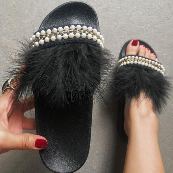 

women summer fluffy faux fur slippers pearl flip flops 2021 fashion casual outdoor flat shoes ladies slides sandals, Black