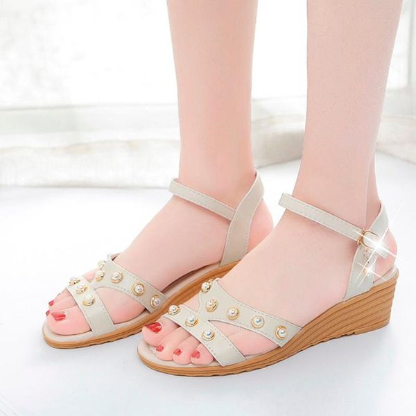 

dress shoes slope with open toe thick platform nonslip ladies sandals summer pearl students roman wedges casual beach shoe j20, Black