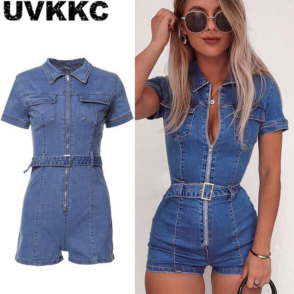 

women's jumpsuits & rompers uvkkc women playsuits 2021 summer sashes zipper pocket deep v neck cotton solid bodycon denim playsuit for, Black;white