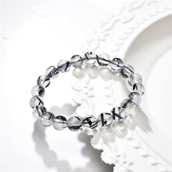 

beaded, strands 8mm natural black hair quartzs round beads strand bracelet for women men rutilated stone tourmaline 100% crystal mineral jew