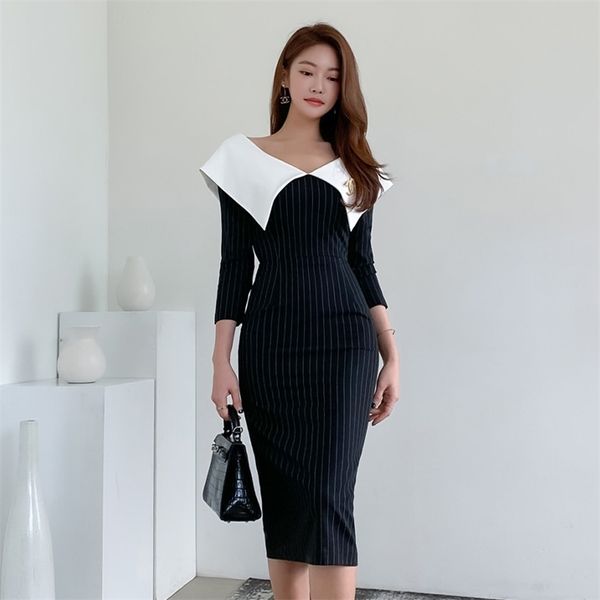 Bayanlar Retro Kore Elbise Kadınlar Için Sonbahar 5 Kollu V Boyun Siyah Şerit Keten Seksi Ofis Midi Partisi Elbiseler 210602