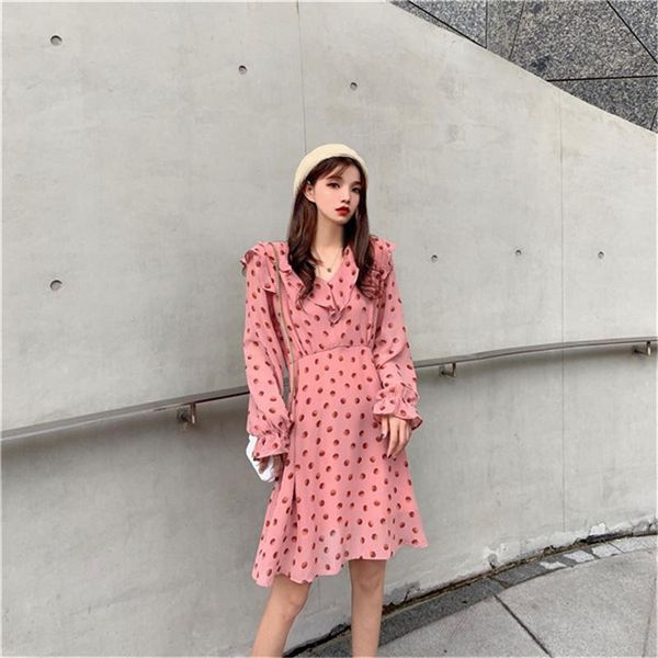 

casual dresses sweet korean style fashion brand women's clothing dot vestidos spring autumn v-neck ruffles chiffon long sleeve knee, Black;gray