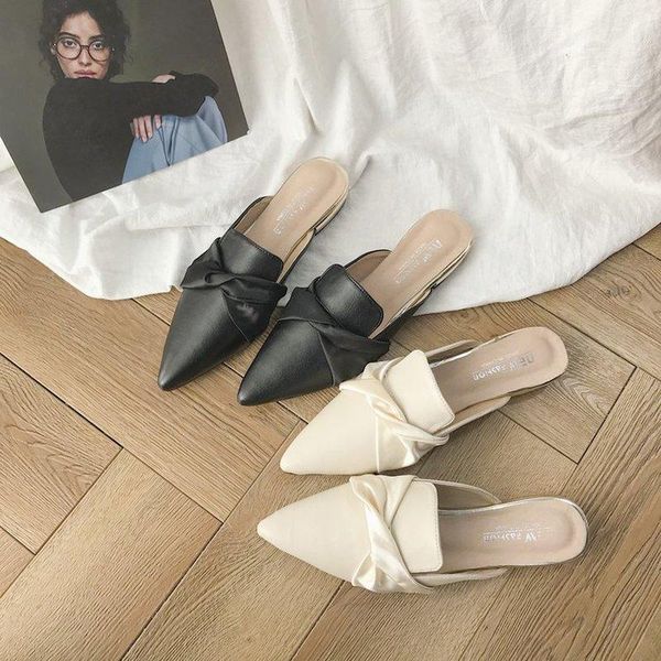 

slippers 2021 fashion mules for women pu leather pointed toe slip on slipper summer low heel sandals women's shoes outdoor, Black