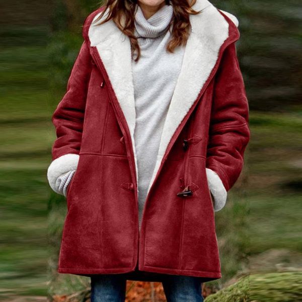 

women's wool & blends winter coat women plus size solid velvet long sleeve horn buckle pocket overcoat chaqueta mujer, Black