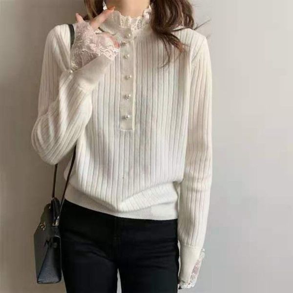 

women's sweaters knitwear with bottoming stand lace stitching collar butterfly sleeve knitted sweater korean fashion ladies solid blous, White;black
