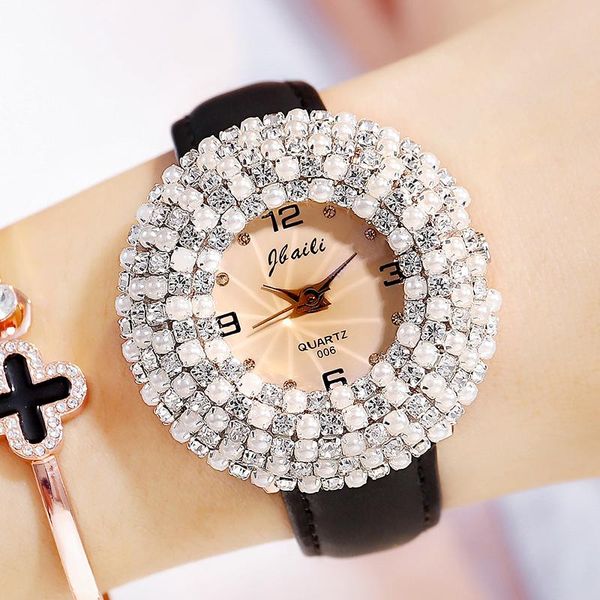 

wristwatches elegant rhinestone women watch circle crystal diamond dial bracelet leather band unique dress ladies quartz clock reloj de muje, Slivery;brown