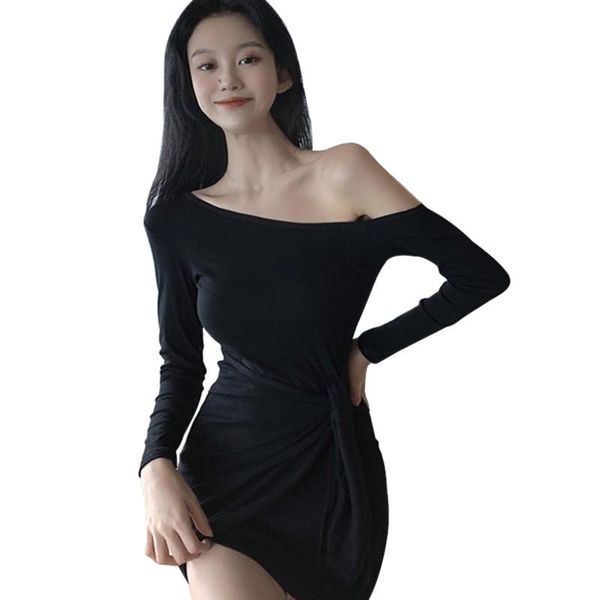 

casual dresses women summer shirt dress women's korean solid sloping shoulder slim long sleeve lace up asymmetrical, Black;gray