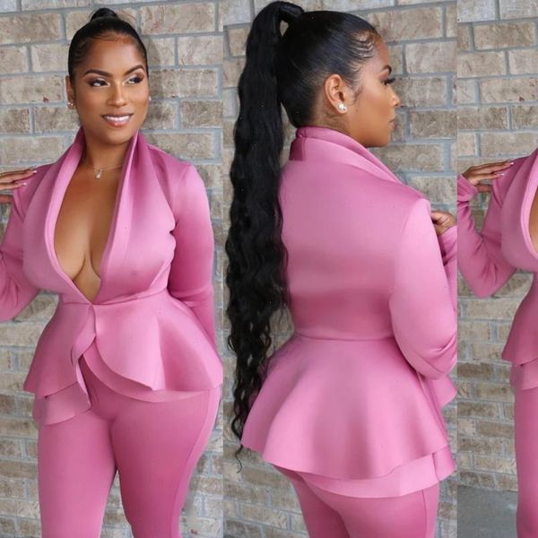 

blazer set women suits two piece set autumn v neck ruffle and pants white elegant business ol work matching set, Gray