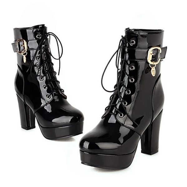 

boots british autumn and winter belt buckle thick heel night club water platform women's large 33-48, Black
