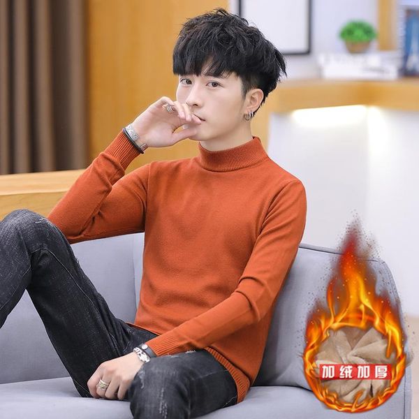 

2021 new mens plush sweater base half turtleneck sweater solid color long sleeve korean winter plush top, White;black