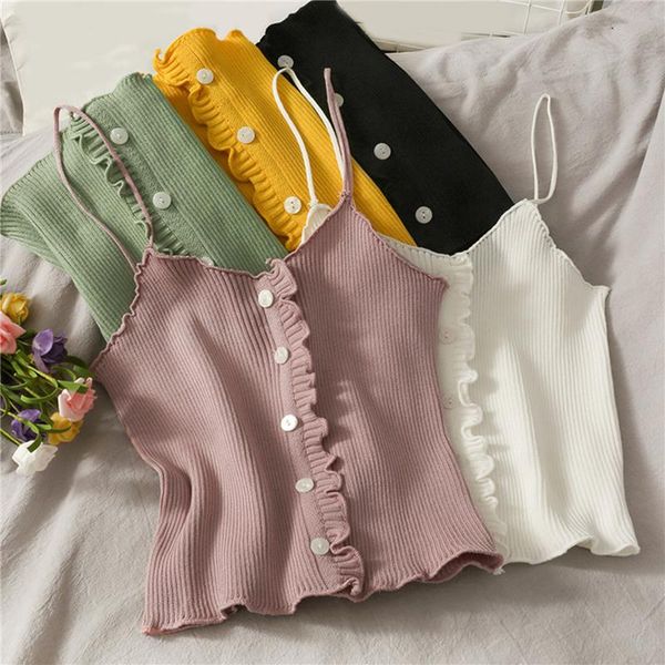 

women's tanks & camis women spaghetti strap basic camisole v-neck button ribbed tank wood ears trim solid crop vest underwear, White