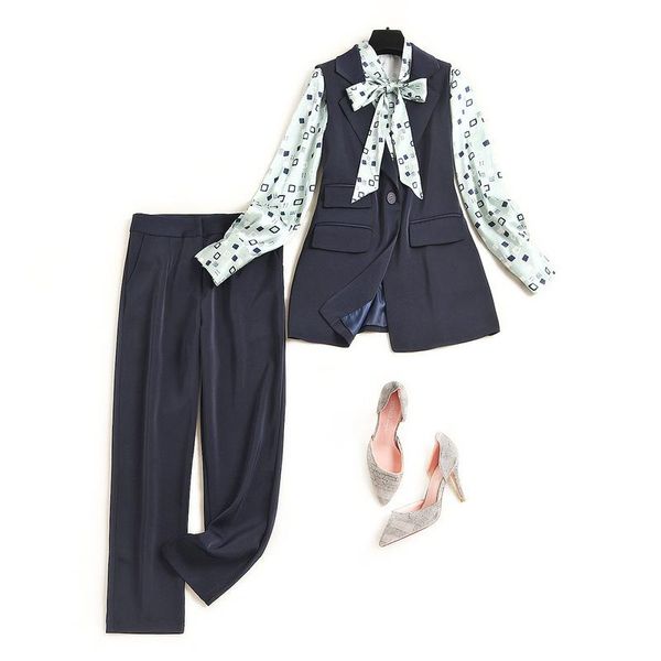 

women's two piece pants european boutique printed suit 2 set women 2021 early autumn lace-up shirt vest straight 15391, White