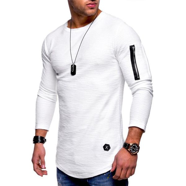 

men's t-shirts solid color round neck long-sleeved t-shirt arm zipper stitching personality long tshirts streetwear men, White;black