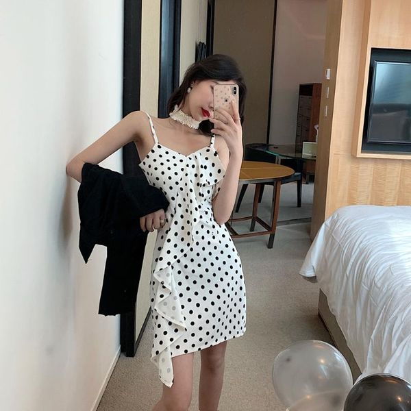 

casual dresses 391 # ~ spot to make the summer french irregular wave point falbala condole belt dress restoring ancient ways, Black;gray