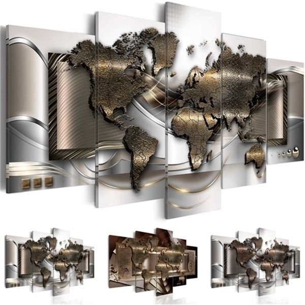 Abstrakte HD-Welt, hohe Qualität, 5 Paneele, moderne Wandkunst, Zuhause, Hotel, Gemälde, Karte, Leinwanddruck, ohne Rahmen, Y200102