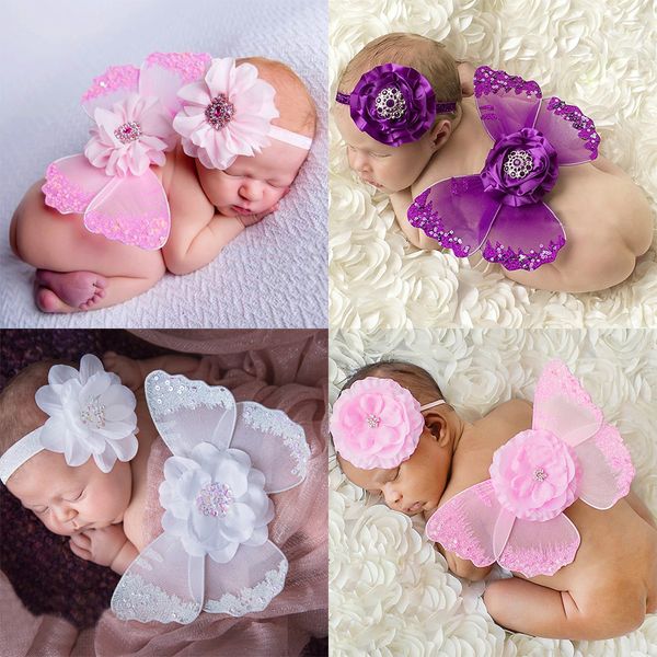 Neugeborene Baby Schmetterlingsflügel mit Blütenstirnband Foto Set Infant Cosplay Kostüm Fotografie Requisiten Angel Wings Haarschmuck BAW08