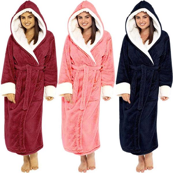 

undefined women bathrobe women winter plush lengthened shawl bathrobe home clothes long sleeve robe coat plus size warm coat, Black;red