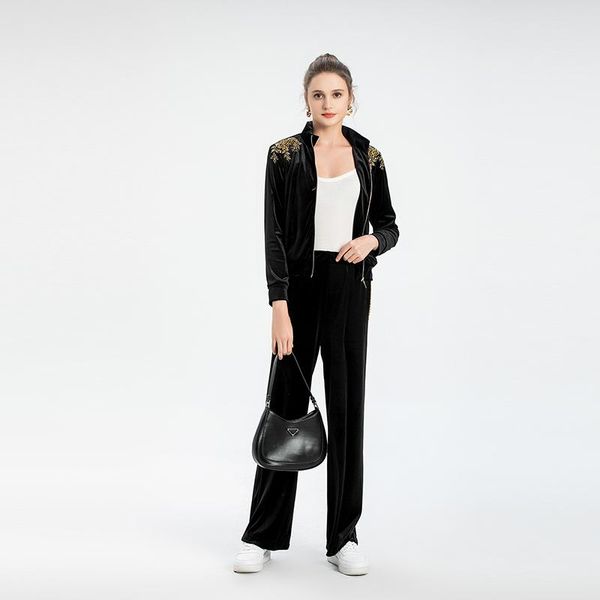 

women's two piece pants miuximao 2021 autumn clothing solid manual embroidered flares casual coat + trousers set fashion, White