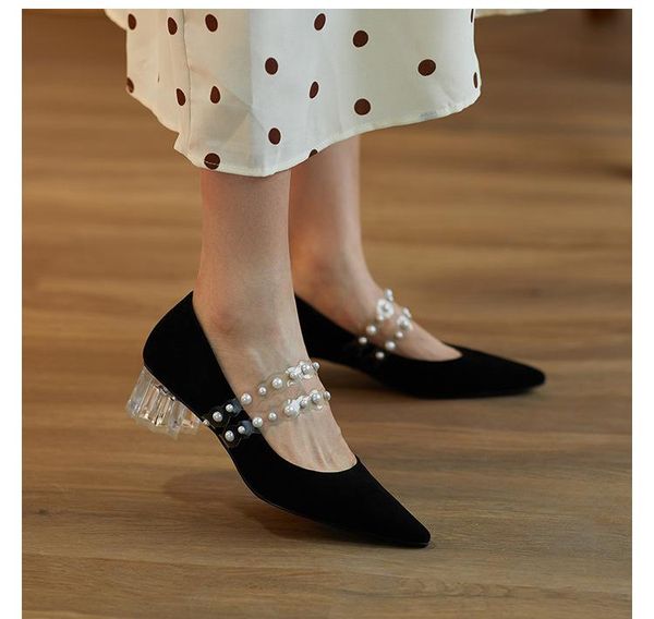 

dress shoes est woman pumps elegant retro pearl mary jane pointed toe crystal high heels party office lady, Black