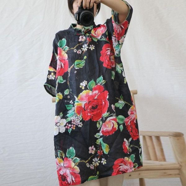 

casual dresses johnature 2021 summer retro style print stand plate buckle short sleeve cotton linen dress loose leisure women fashion, Black;gray