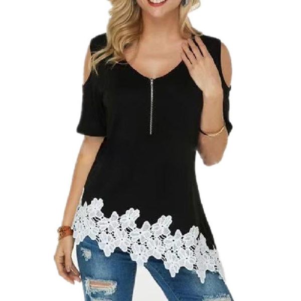 

women's t-shirt wear v-neck solid color irregular fake two-piece splicing strapless short-sleeved women, White