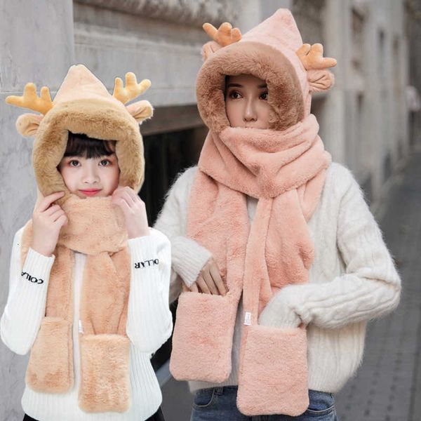 

women's winter warm scarf glov korean fashion student antler hat, Blue;gray
