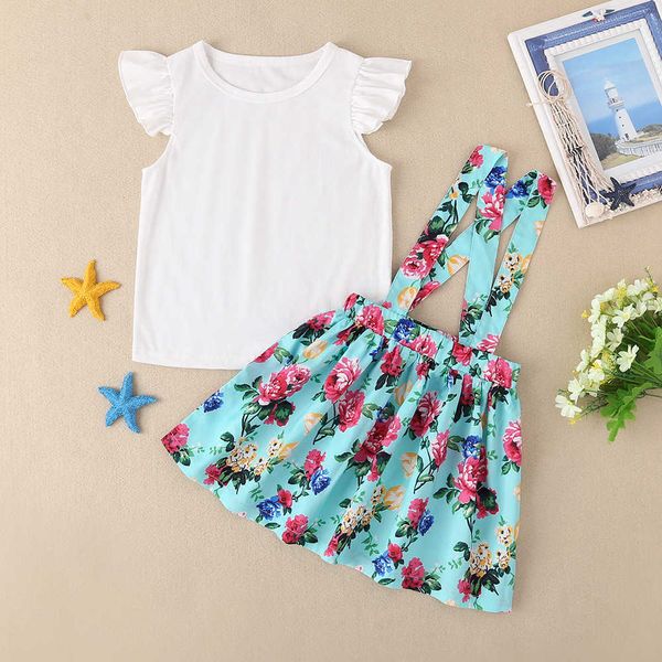 

net red girl's style skirt suit women's summer pure color floral skirt children's suit, Blue
